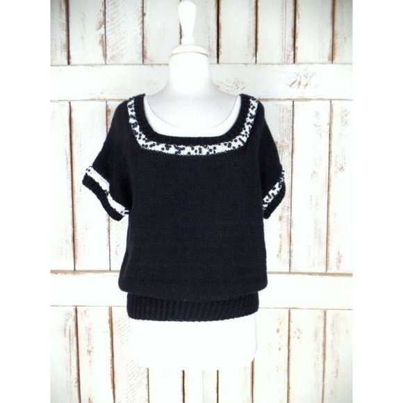 Black white chunky knit short sleeve vintage sweater - Picture 2 of 5